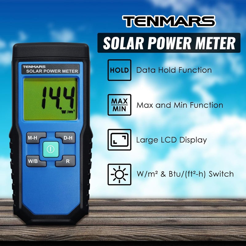TENMARS مقياس الطاقة الشمسية، مقياس الإشعاع الشمسي الرقمي، مقياس الطاقة الشمسية، مقياس الطاقة الشمسية المحمول مع نطاق قياس 2000 واط/م²، 634 وحدة حرارية بريطانية/(قدم²·ساعة) ووظيفة MAX/MIN/تثبيت البيانات - Image 3